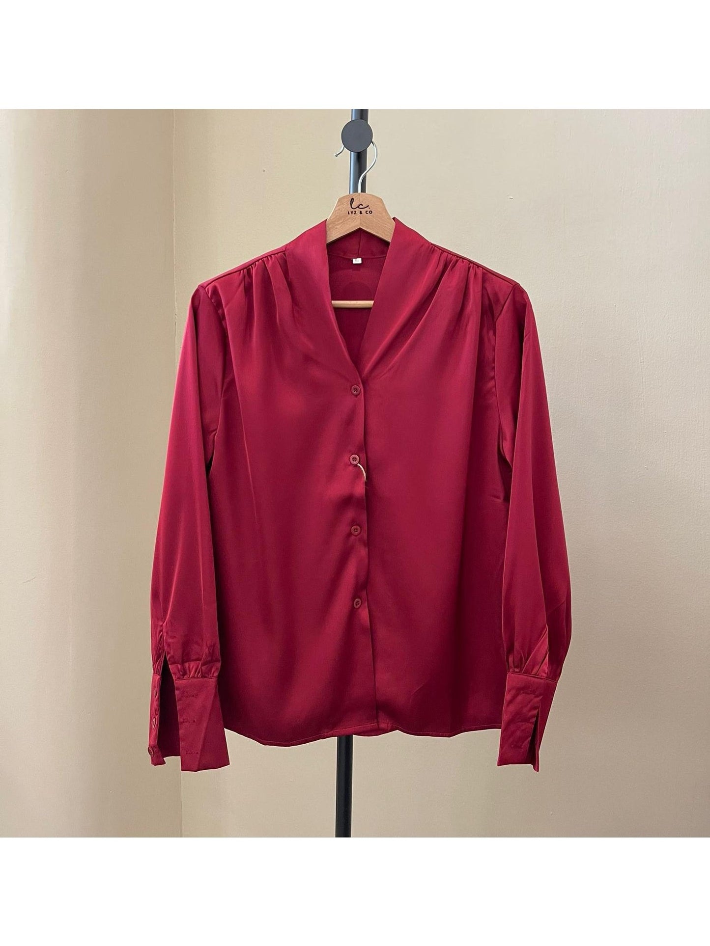 Red Wine Satin Long Sleeve Blouse.